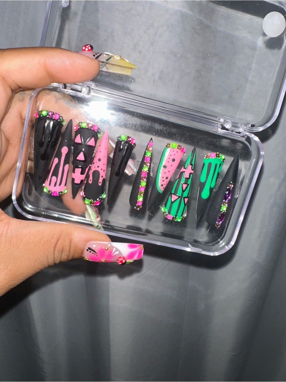Matte Black Stiletto Press-On Nails with Pink & Green Accents